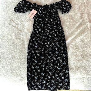 Misguided Ditsy Ruched Bardot puff midi dress